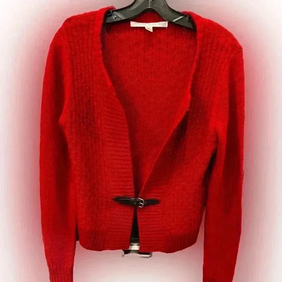 Max Studio Red Wool Alpaca Blend Cardigan Sweater Sz L Buckle Waist Stretch Knit - Picture 2 of 6